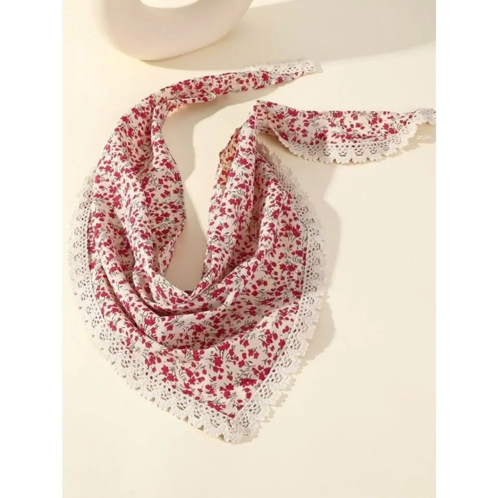 Floral Lace-Trim Bandana Scarf in Cream and Red - Picture 2 of 7